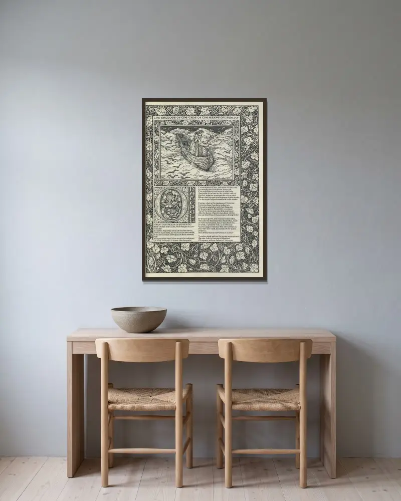 Geoffrey Chaucers verk, plansch 9 av Sir Edward Coley Burne-Jones inramad på en vägg