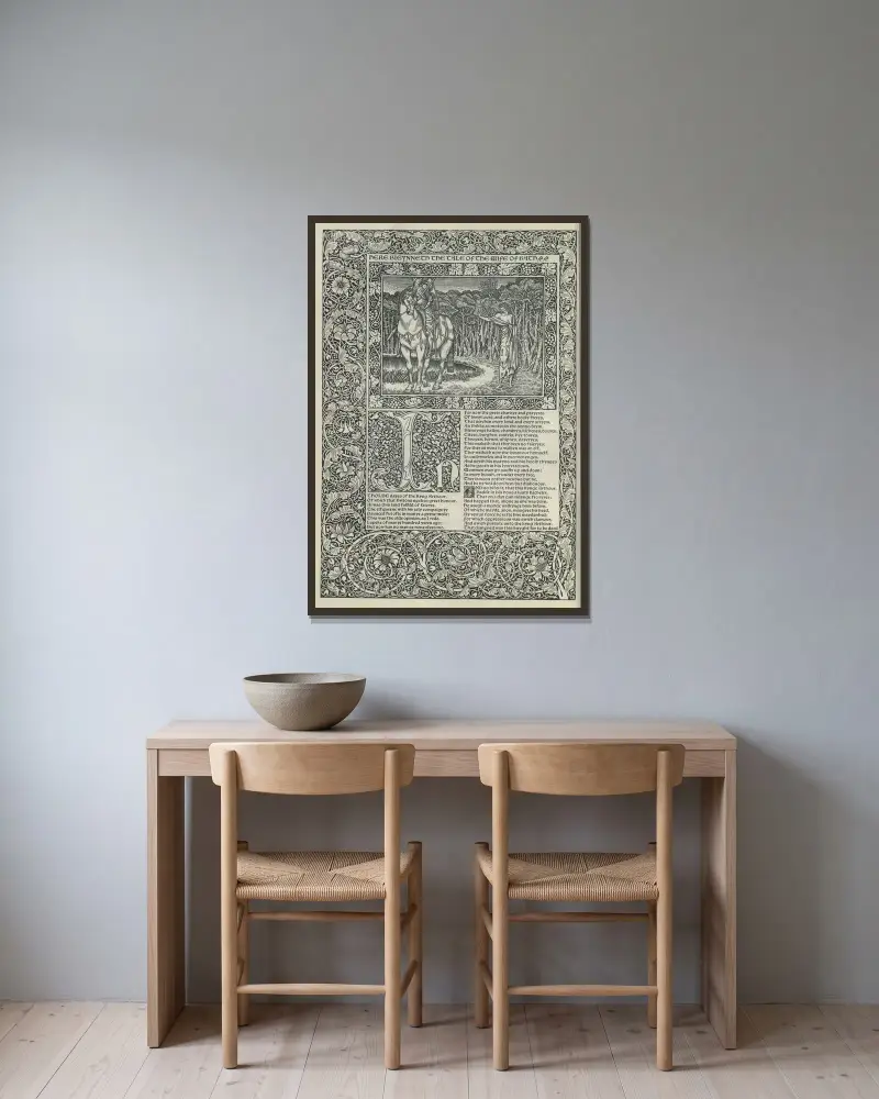 Geoffrey Chaucers verk, plansch 12 av Sir Edward Coley Burne-Jones inramad på en vägg