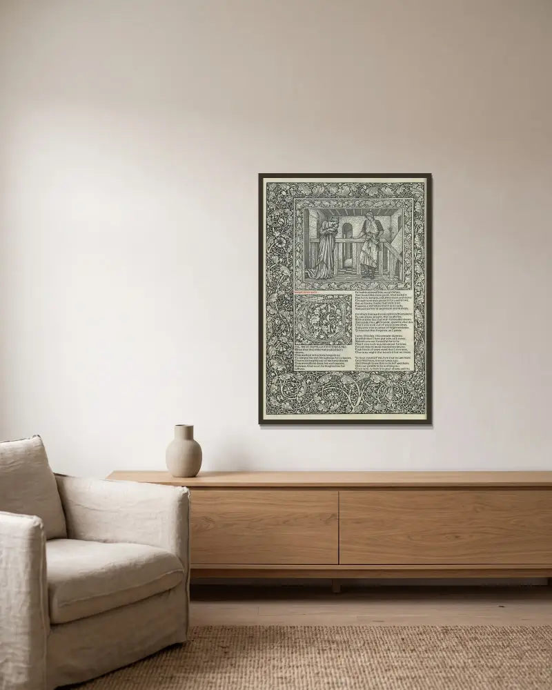 Die Werke von Geoffrey Chaucer, Taf. 17 von Sir Edward Coley Burne-Jones gerahmt an einer Wand