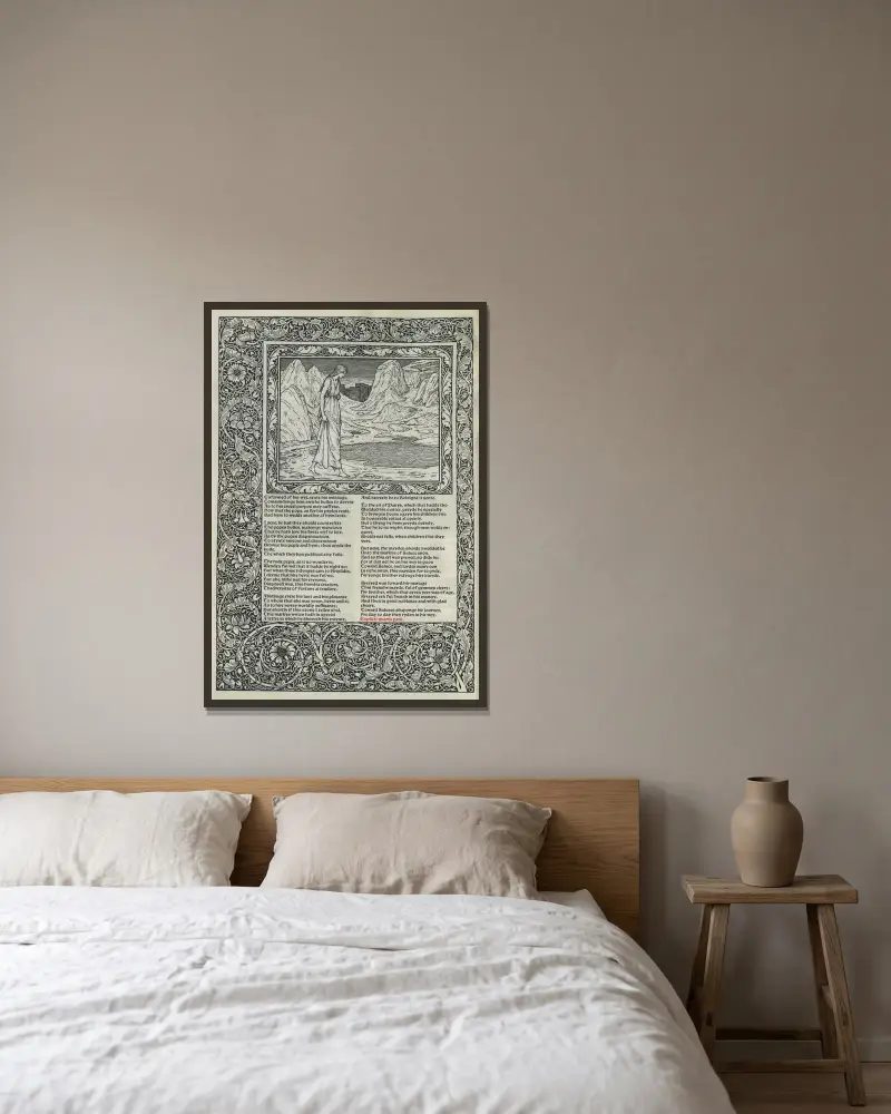 Geoffrey Chaucers verk, plansch 19 av Sir Edward Coley Burne-Jones inramad på en vägg