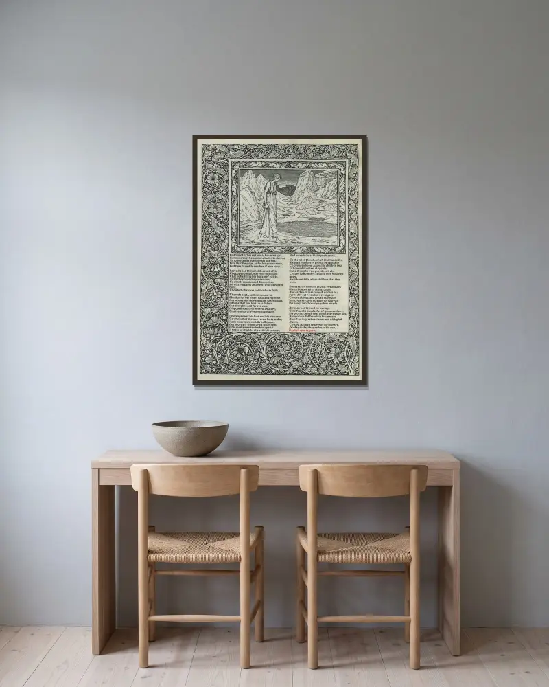 Geoffrey Chaucers verk, plansch 19 av Sir Edward Coley Burne-Jones inramad på en vägg