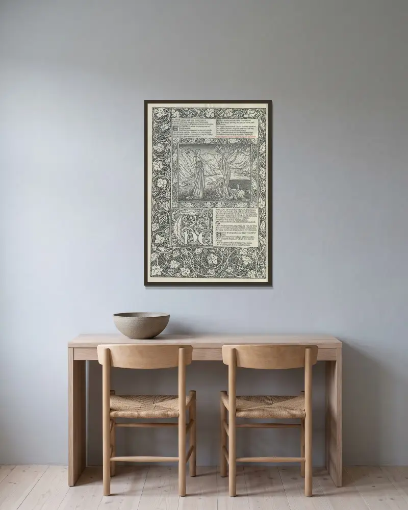 Geoffrey Chaucers verk, plansch 22 av Sir Edward Coley Burne-Jones inramad på en vägg