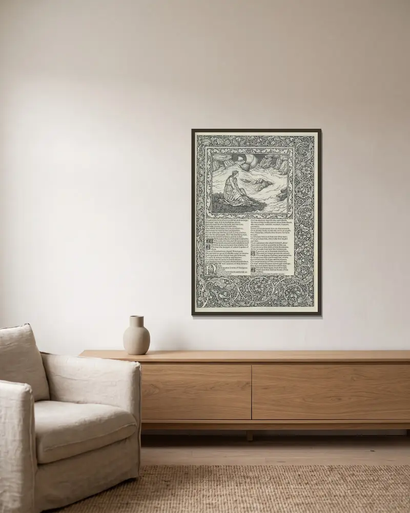 Geoffrey Chaucers verk, plansch 23 av Sir Edward Coley Burne-Jones inramad på en vägg