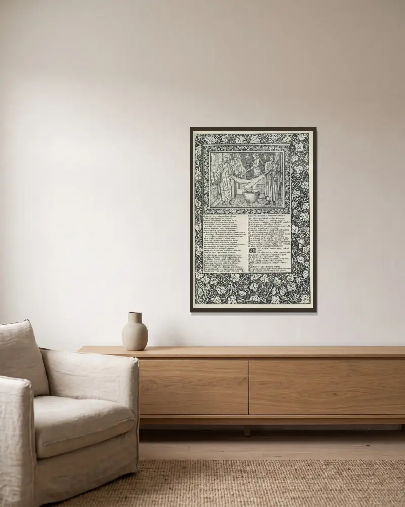Die Werke von Geoffrey Chaucer, Taf. 25 von Sir Edward Coley Burne-Jones gerahmt an einer Wand