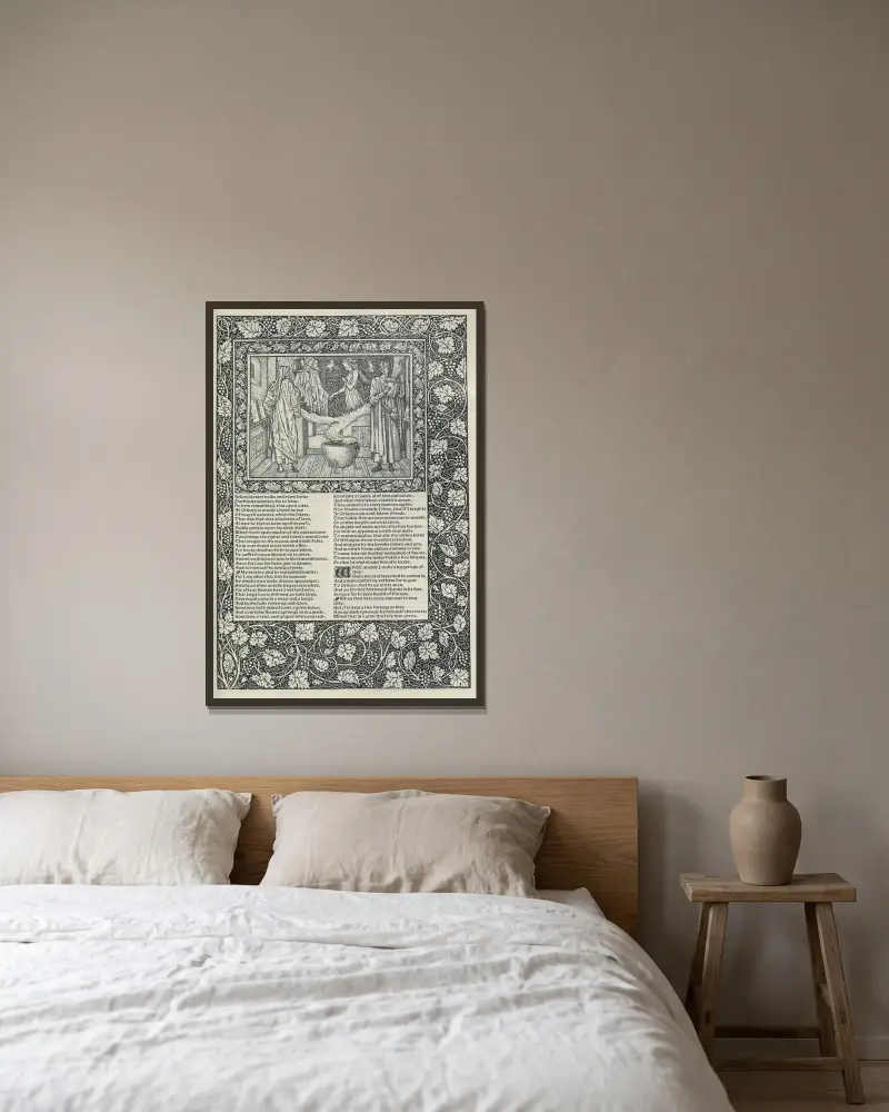 Die Werke von Geoffrey Chaucer, Taf. 25 von Sir Edward Coley Burne-Jones gerahmt an einer Wand