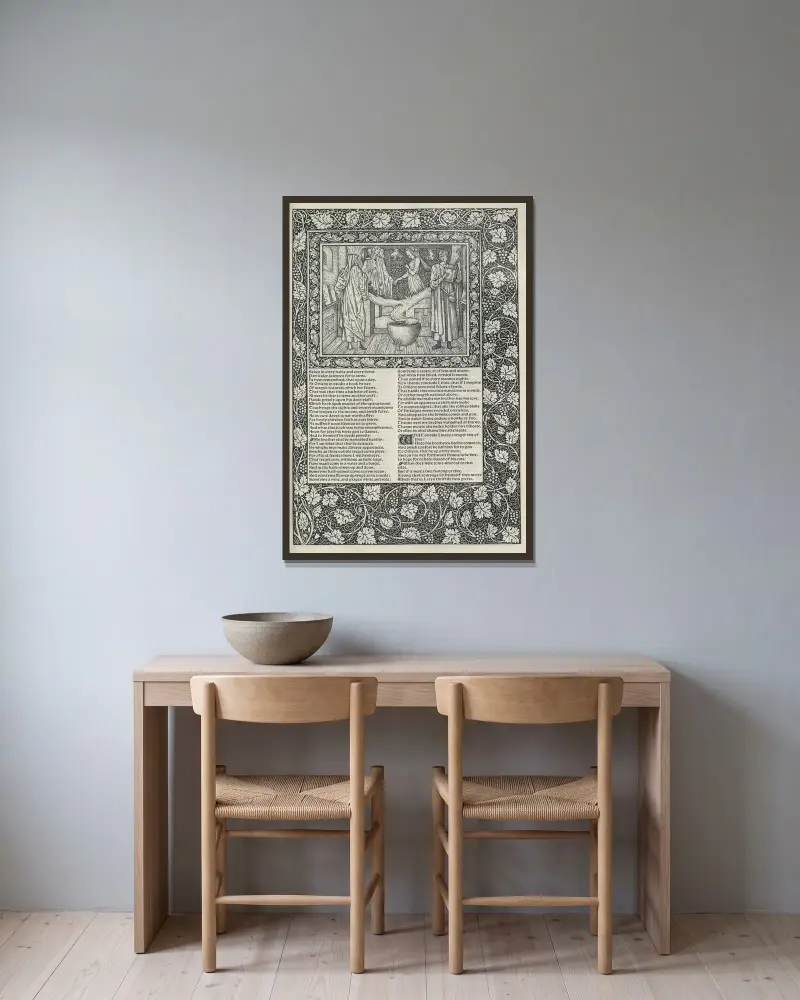Die Werke von Geoffrey Chaucer, Taf. 25 von Sir Edward Coley Burne-Jones gerahmt an einer Wand