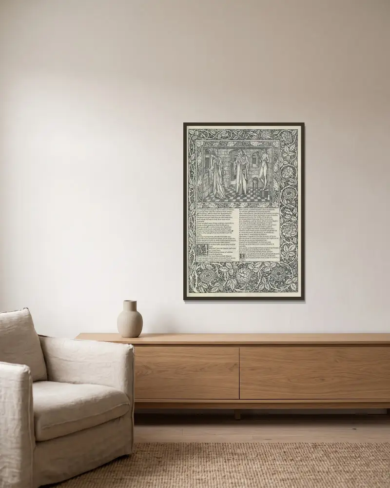 Die Werke von Geoffrey Chaucer, Taf. 26 von Sir Edward Coley Burne-Jones gerahmt an einer Wand