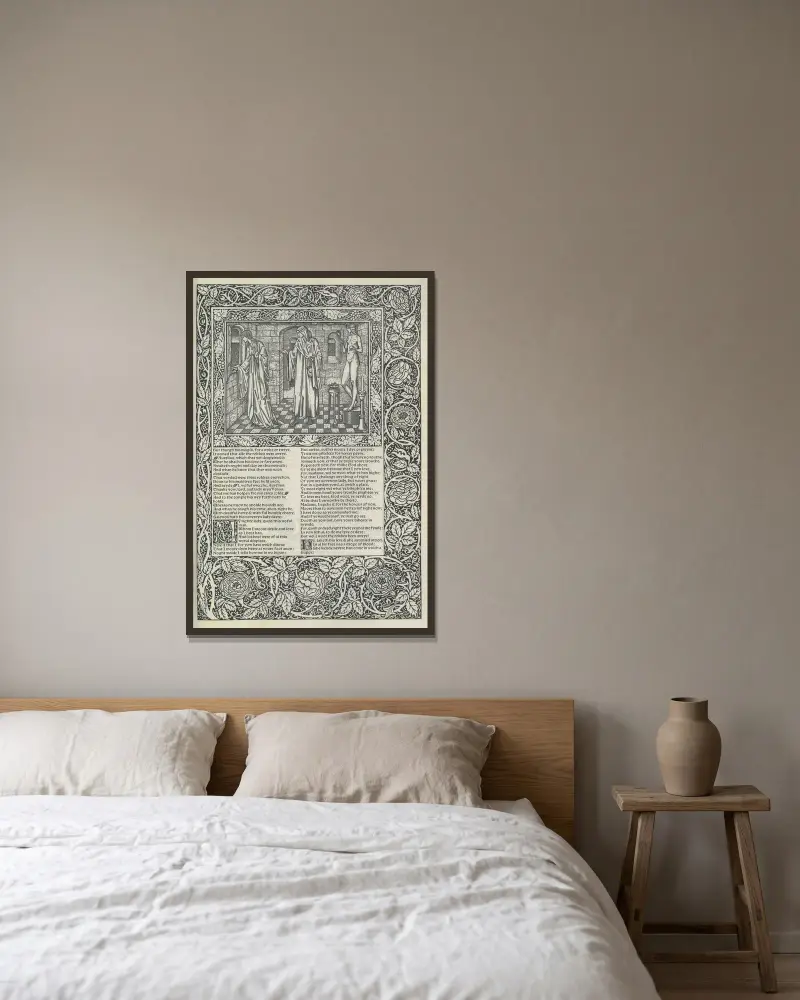 Die Werke von Geoffrey Chaucer, Taf. 26 von Sir Edward Coley Burne-Jones gerahmt an einer Wand