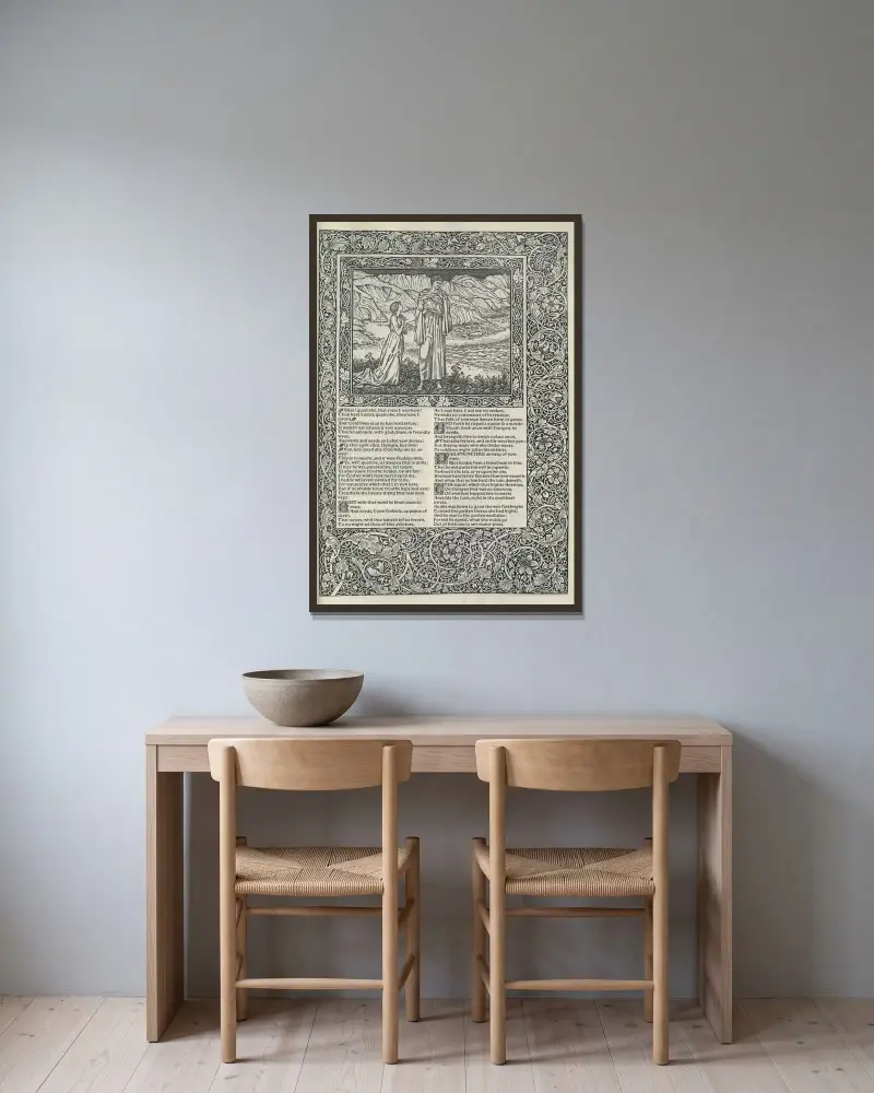 Geoffrey Chaucers verk, plansch 27 av Sir Edward Coley Burne-Jones inramad på en vägg