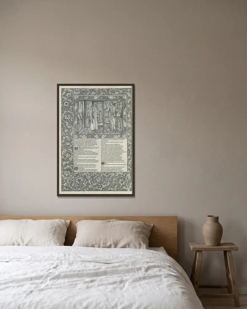 Die Werke von Geoffrey Chaucer, Taf. 28 von Sir Edward Coley Burne-Jones gerahmt an einer Wand