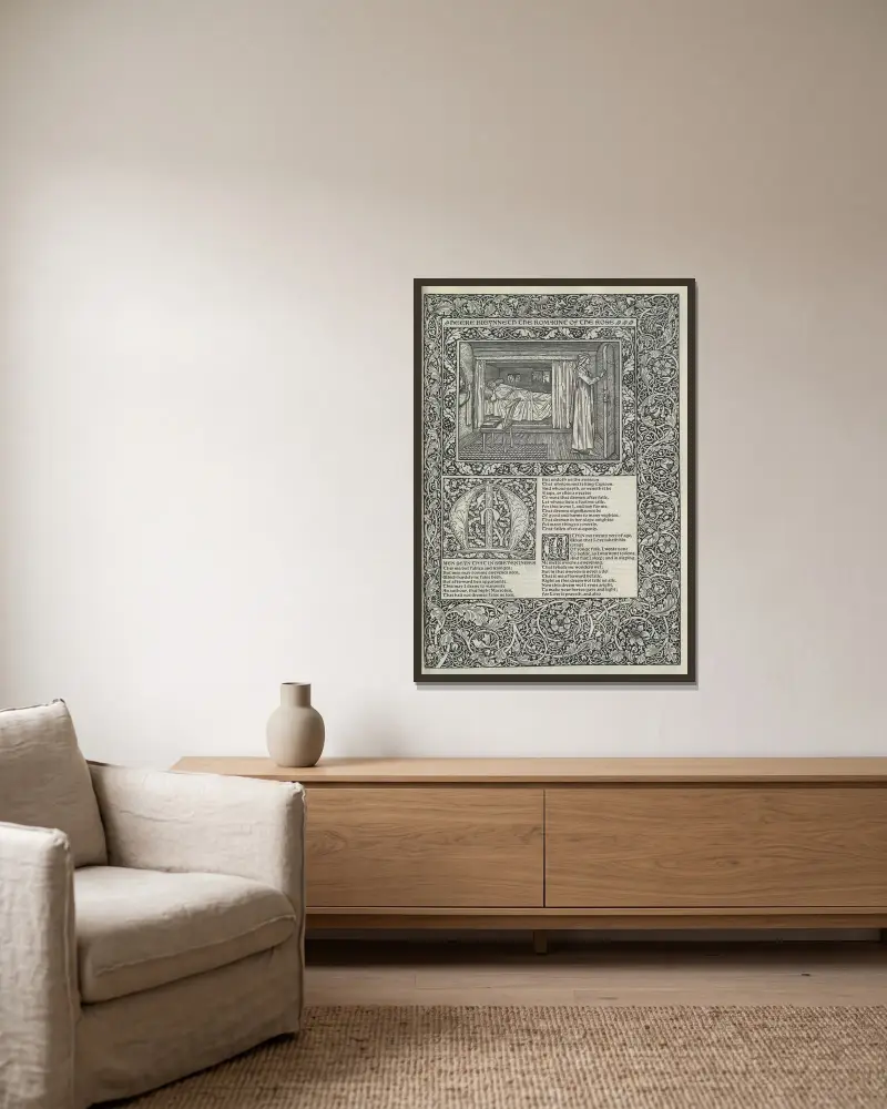 Die Werke von Geoffrey Chaucer, Taf. 32 von Sir Edward Coley Burne-Jones gerahmt an einer Wand