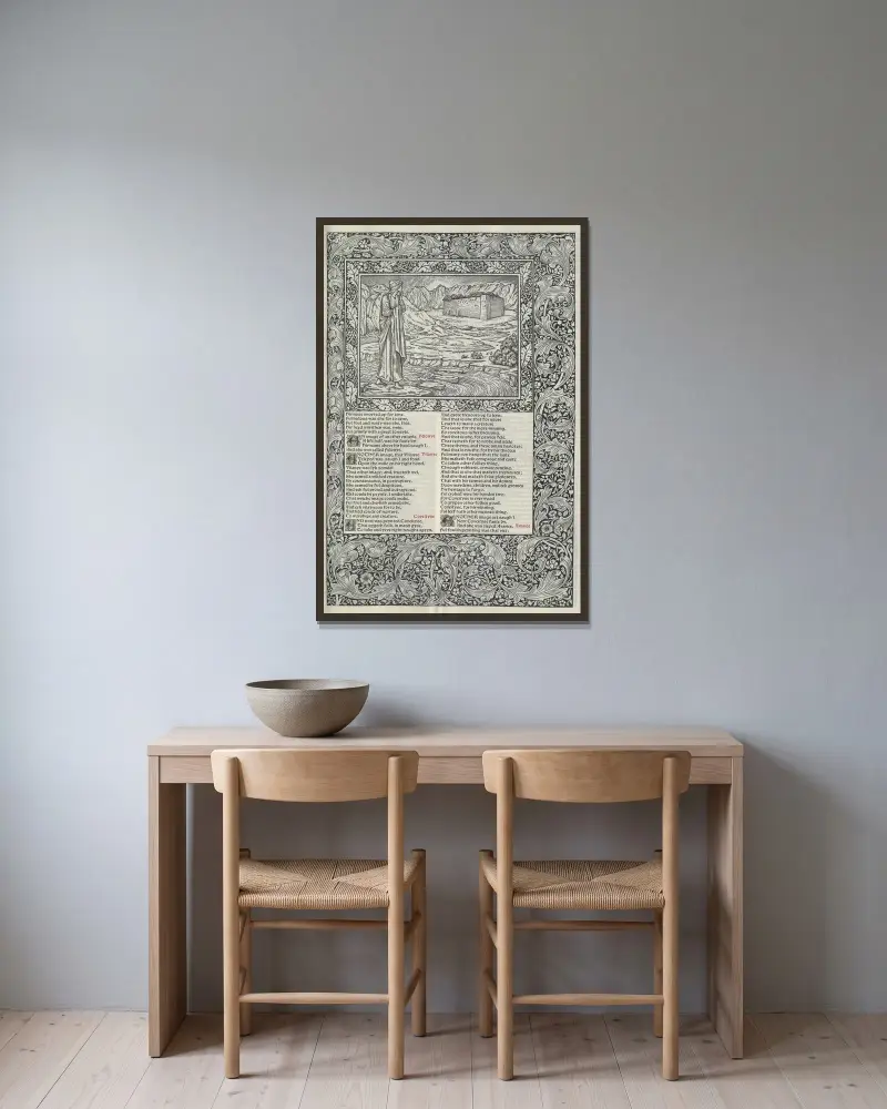 Geoffrey Chaucers verk, plansch 33 av Sir Edward Coley Burne-Jones inramad på en vägg