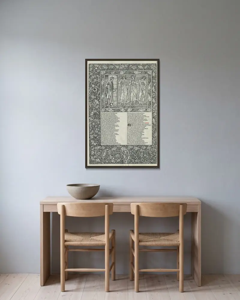 Geoffrey Chaucers verk, plansch 34 av Sir Edward Coley Burne-Jones inramad på en vägg