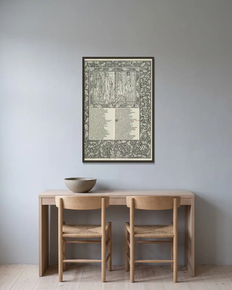 Geoffrey Chaucers verk, plansch 35 av Sir Edward Coley Burne-Jones inramad på en vägg