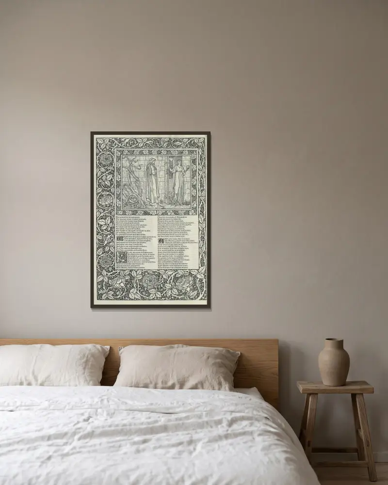 Geoffrey Chaucers verk, plansch 36 av Sir Edward Coley Burne-Jones inramad på en vägg