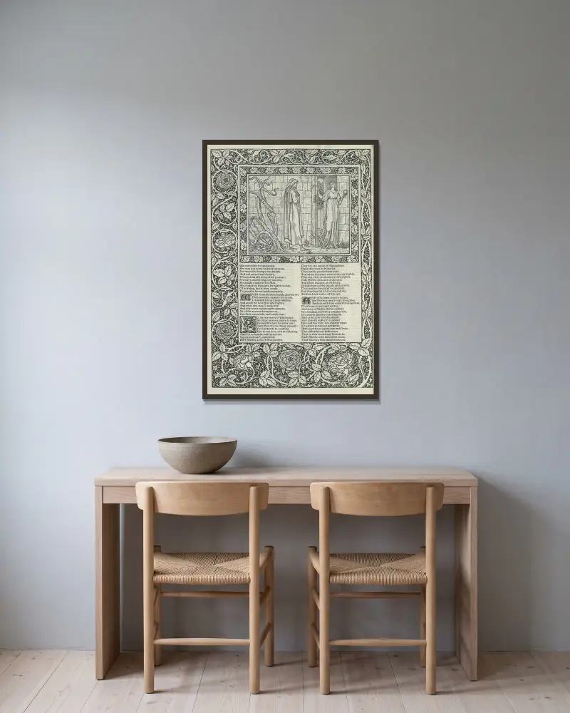Geoffrey Chaucers verk, plansch 36 av Sir Edward Coley Burne-Jones inramad på en vägg