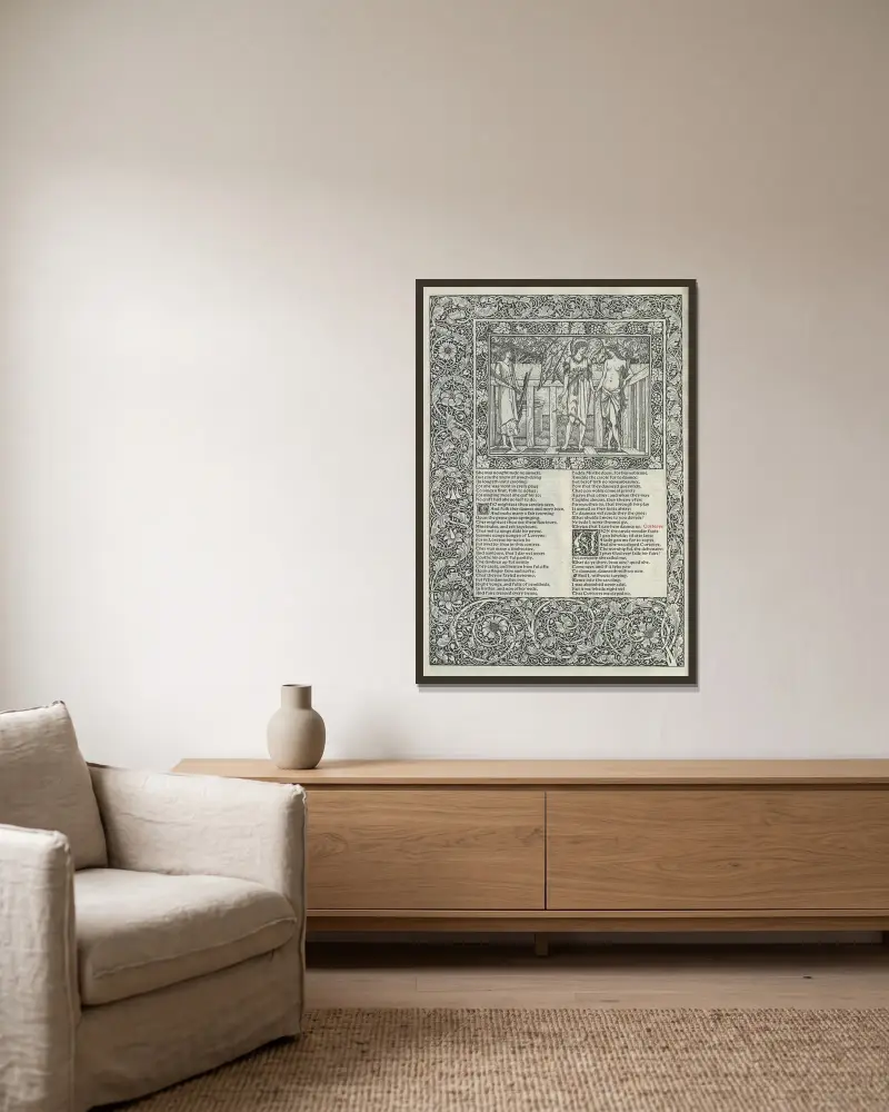 Die Werke von Geoffrey Chaucer, Tafel 37 von Sir Edward Coley Burne-Jones gerahmt an einer Wand