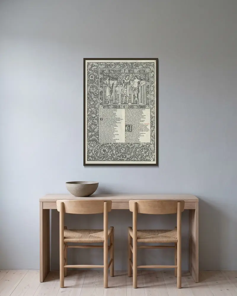 Die Werke von Geoffrey Chaucer, Tafel 37 von Sir Edward Coley Burne-Jones gerahmt an einer Wand