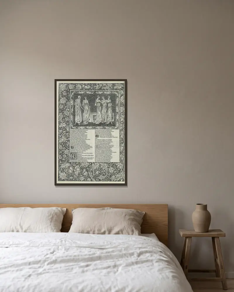 Die Werke von Geoffrey Chaucer, Taf. 40 von Sir Edward Coley Burne-Jones gerahmt an einer Wand