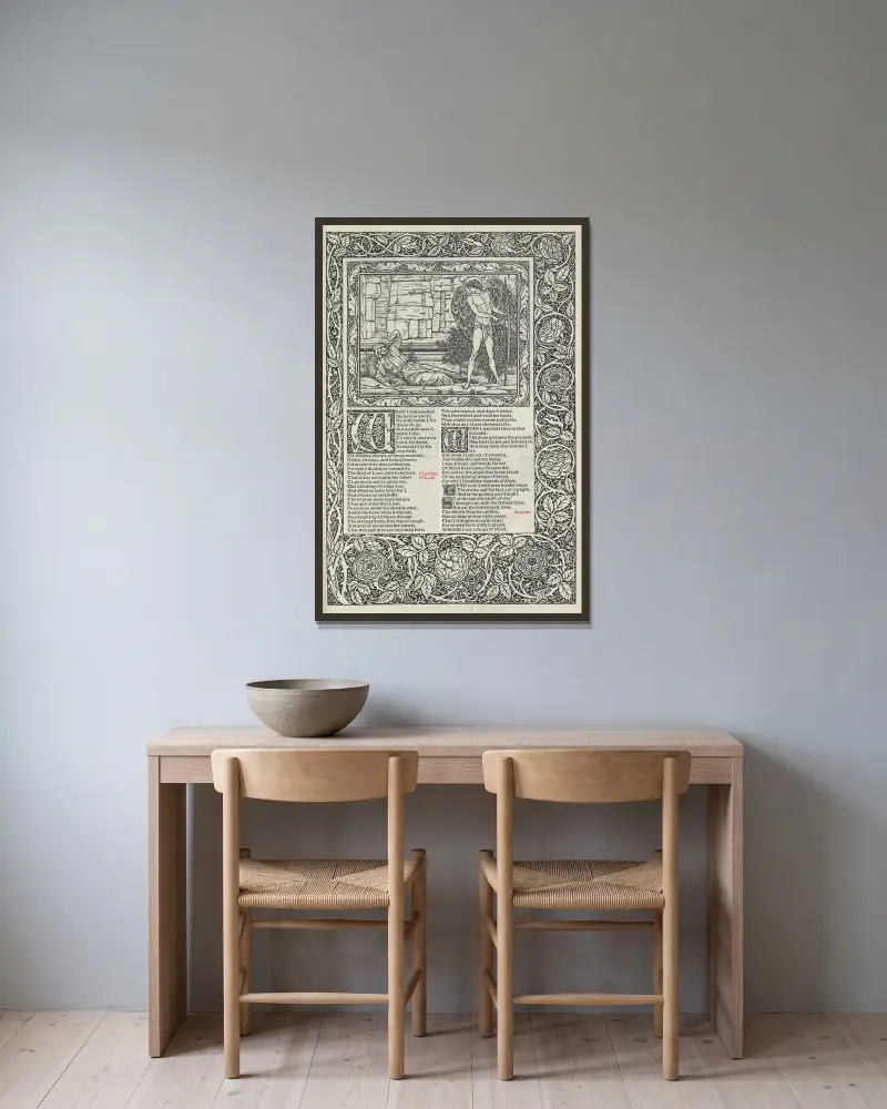 Geoffrey Chaucers verk, plansch 43 av Sir Edward Coley Burne-Jones inramad på en vägg
