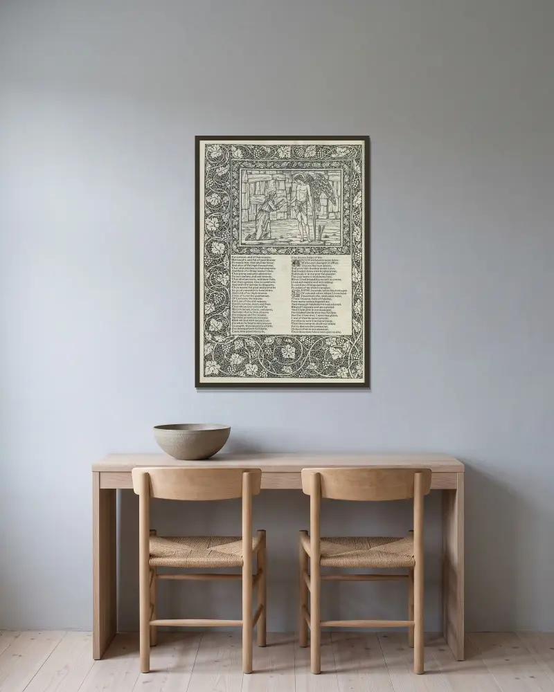 Geoffrey Chaucers verk, plansch 44 av Sir Edward Coley Burne-Jones inramad på en vägg