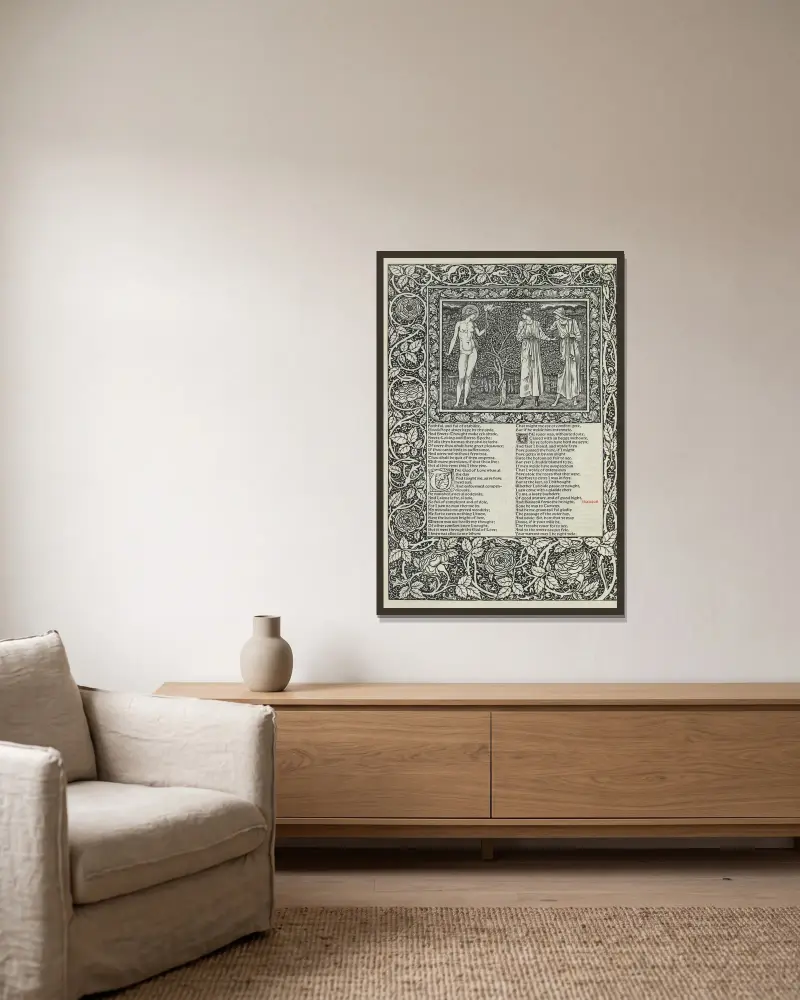 Geoffrey Chaucers verk, plansch 45 av Sir Edward Coley Burne-Jones inramad på en vägg