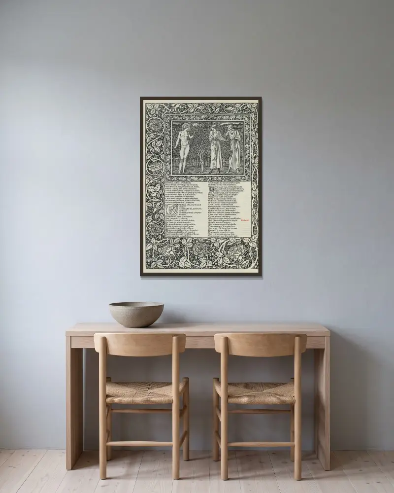 Geoffrey Chaucers verk, plansch 45 av Sir Edward Coley Burne-Jones inramad på en vägg