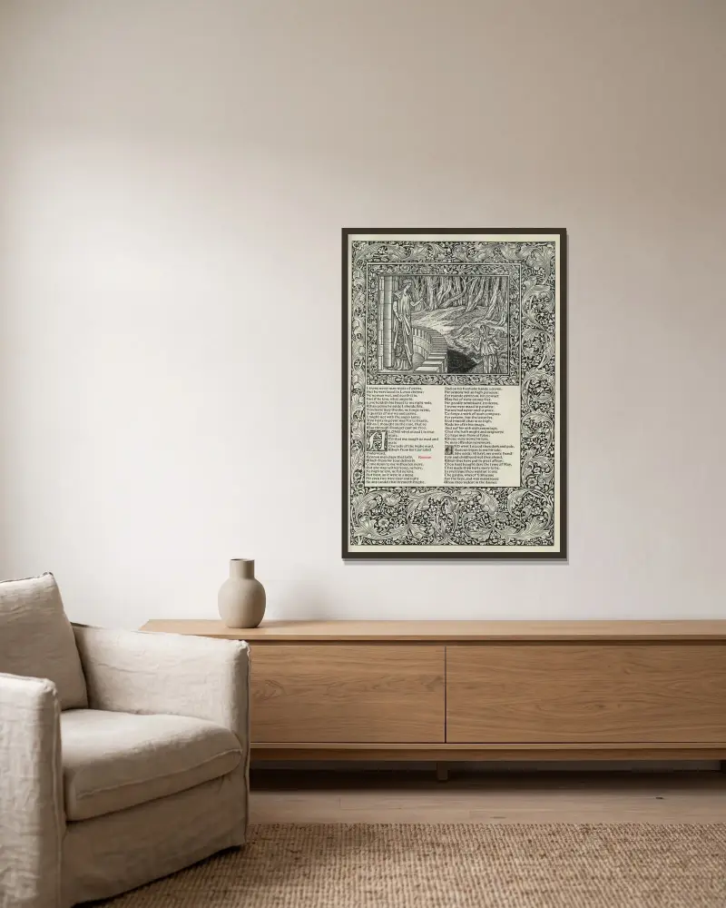 Die Werke von Geoffrey Chaucer, Tafel 47 von Sir Edward Coley Burne-Jones gerahmt an einer Wand