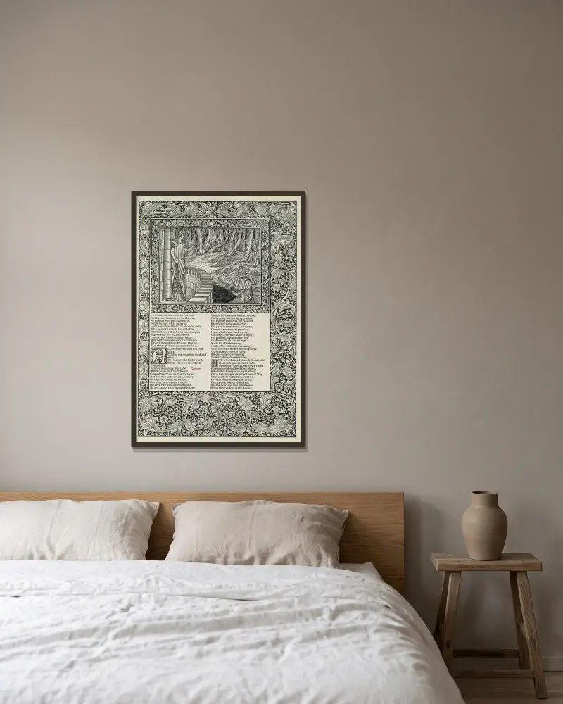 Die Werke von Geoffrey Chaucer, Tafel 47 von Sir Edward Coley Burne-Jones gerahmt an einer Wand