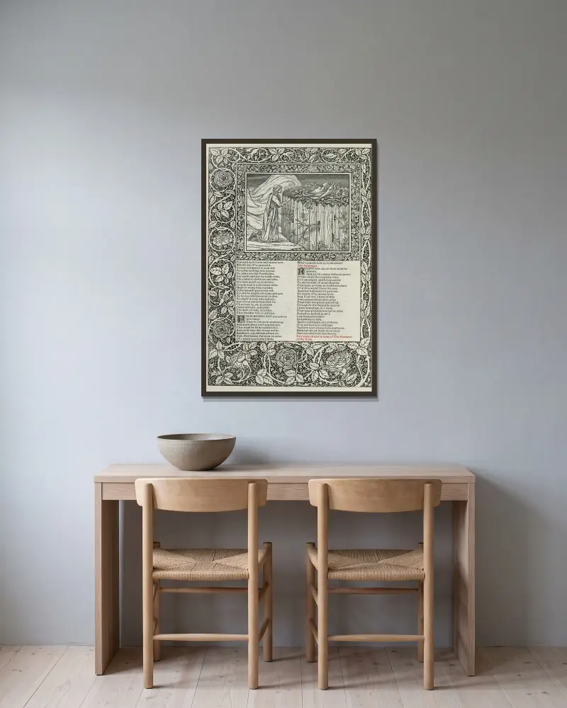 Geoffrey Chaucers verk, plansch 48 av Sir Edward Coley Burne-Jones inramad på en vägg