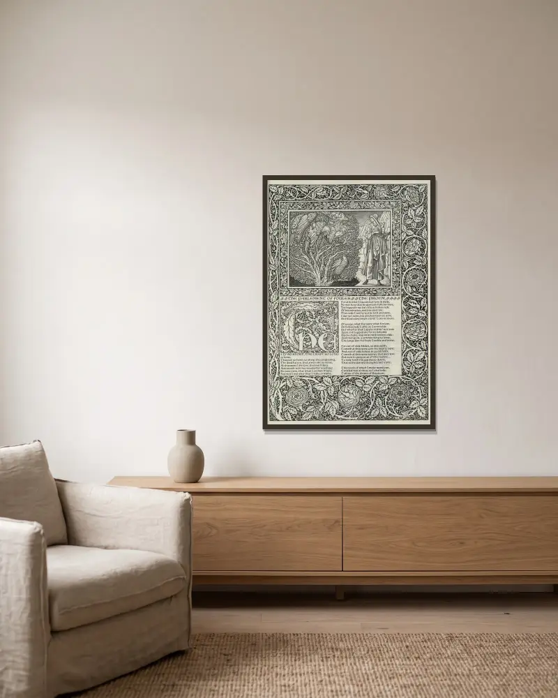 Geoffrey Chaucers verk, plansch 49 av Sir Edward Coley Burne-Jones inramad på en vägg