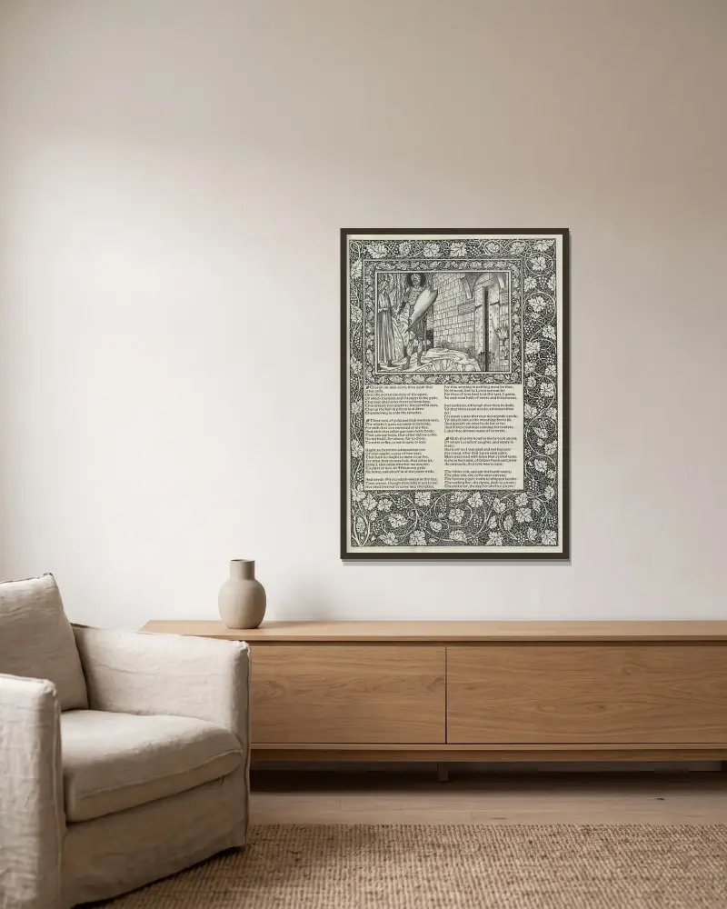Die Werke von Geoffrey Chaucer, Taf. 50 von Sir Edward Coley Burne-Jones gerahmt an einer Wand
