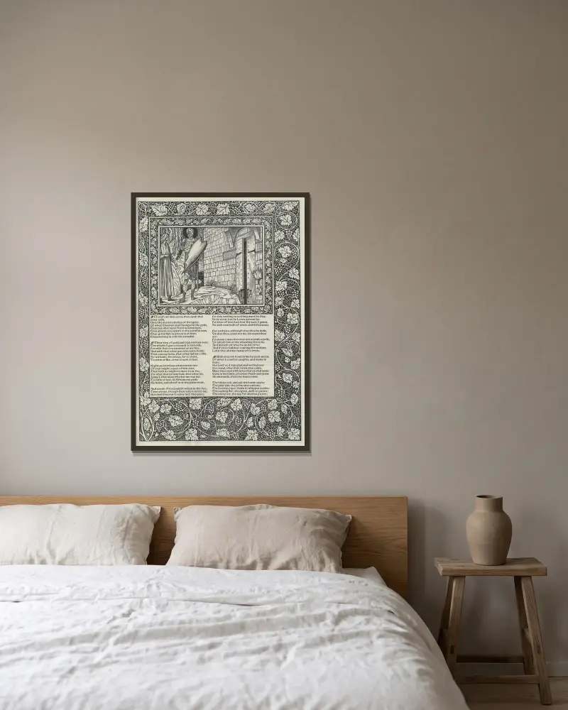 Die Werke von Geoffrey Chaucer, Taf. 50 von Sir Edward Coley Burne-Jones gerahmt an einer Wand