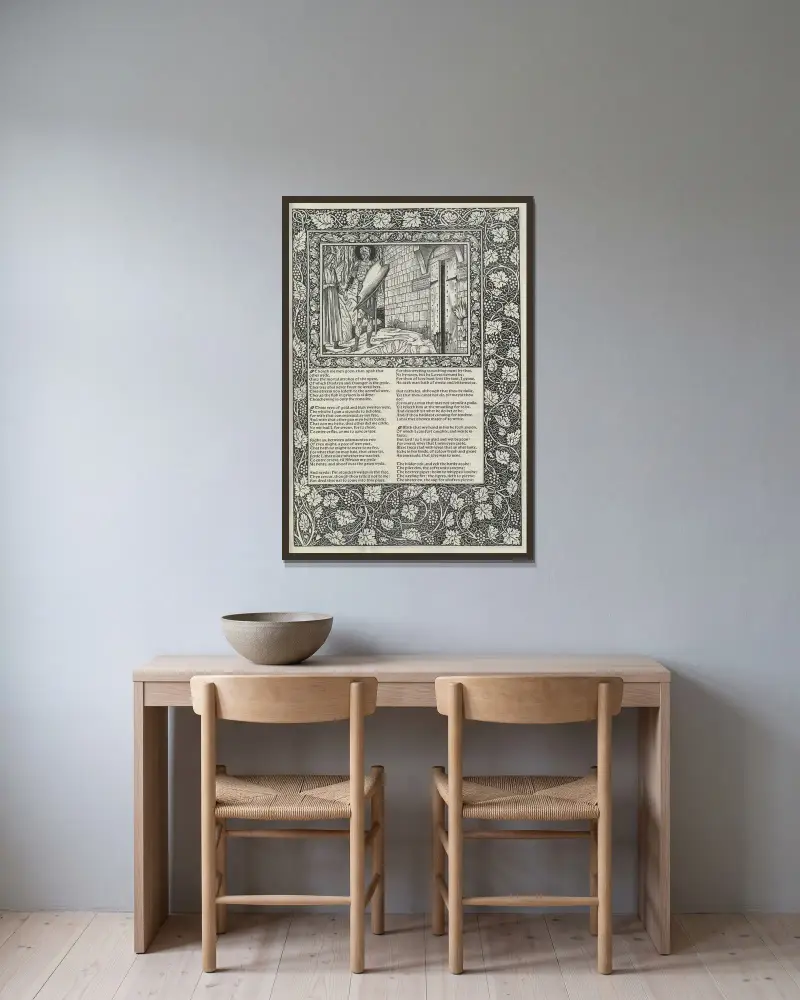 Die Werke von Geoffrey Chaucer, Taf. 50 von Sir Edward Coley Burne-Jones gerahmt an einer Wand
