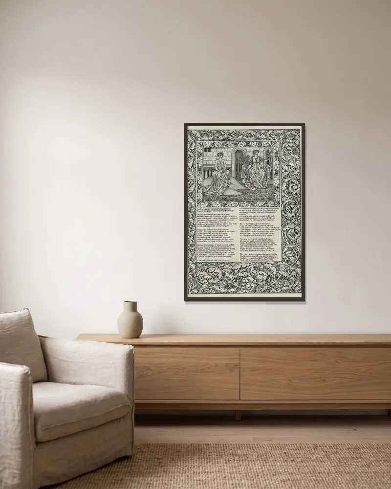 Geoffrey Chaucers verk, plansch 52 av Sir Edward Coley Burne-Jones inramad på en vägg