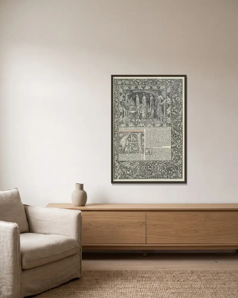 Geoffrey Chaucers verk, plansch 55 av Sir Edward Coley Burne-Jones inramad på en vägg