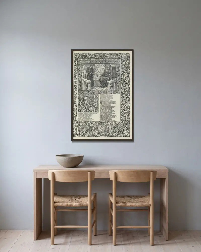 Geoffrey Chaucers verk, plansch 57 av Sir Edward Coley Burne-Jones inramad på en vägg
