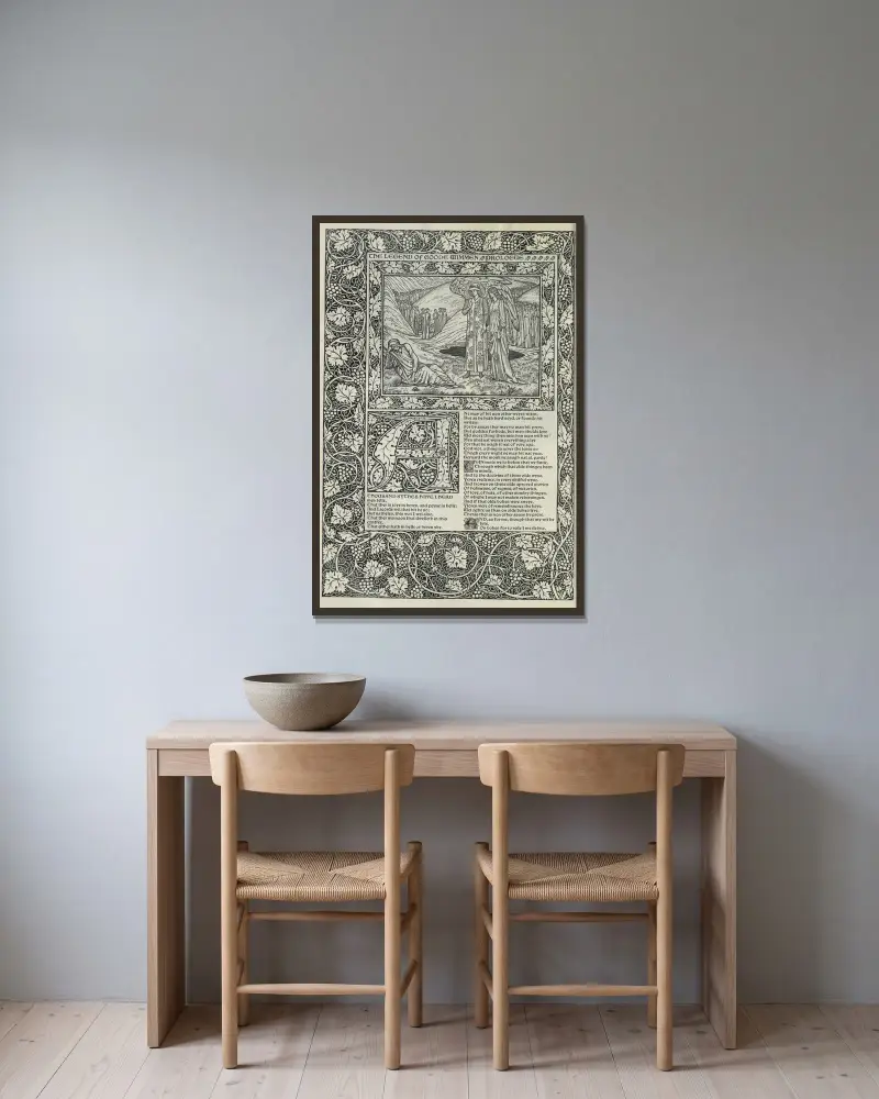 Geoffrey Chaucers verk, plansch 59 av Sir Edward Coley Burne-Jones inramad på en vägg