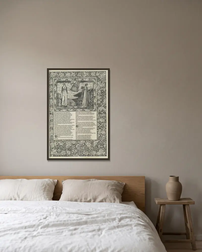Die Werke von Geoffrey Chaucer, Tafel 63 von Sir Edward Coley Burne-Jones gerahmt an einer Wand
