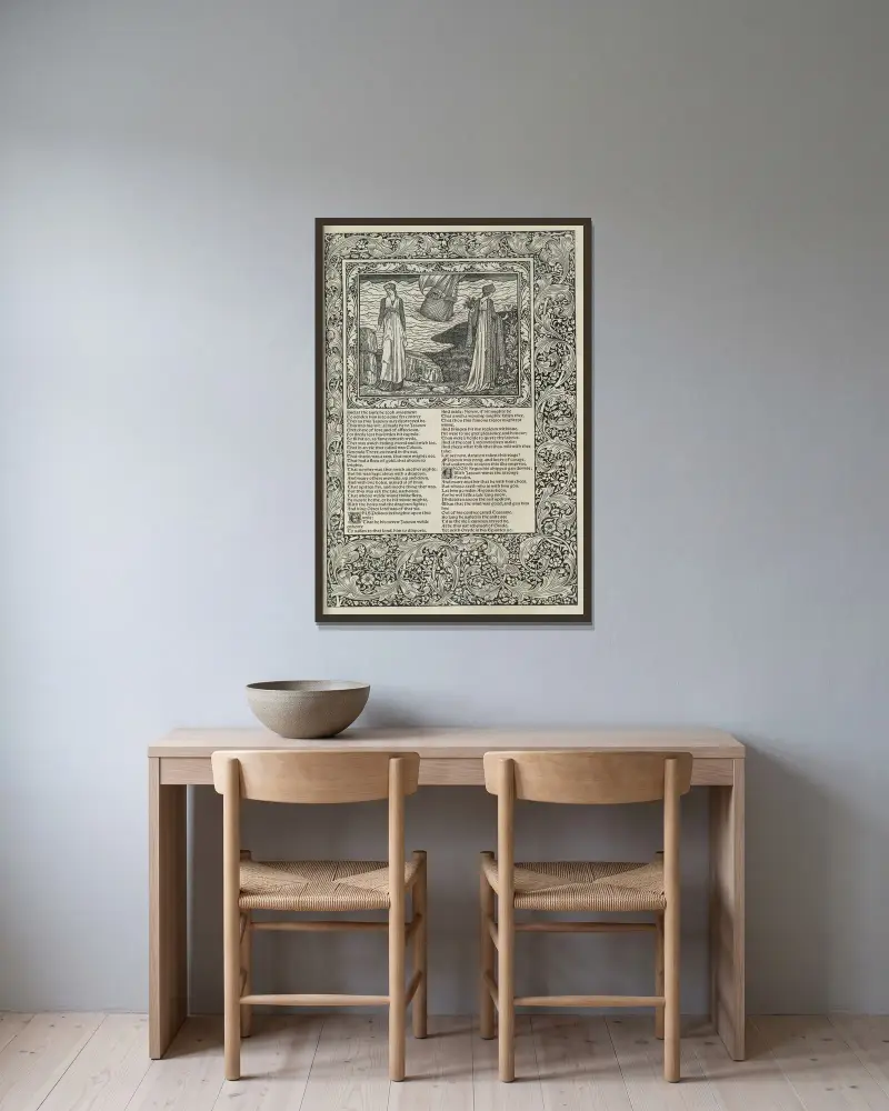 Die Werke von Geoffrey Chaucer, Tafel 63 von Sir Edward Coley Burne-Jones gerahmt an einer Wand