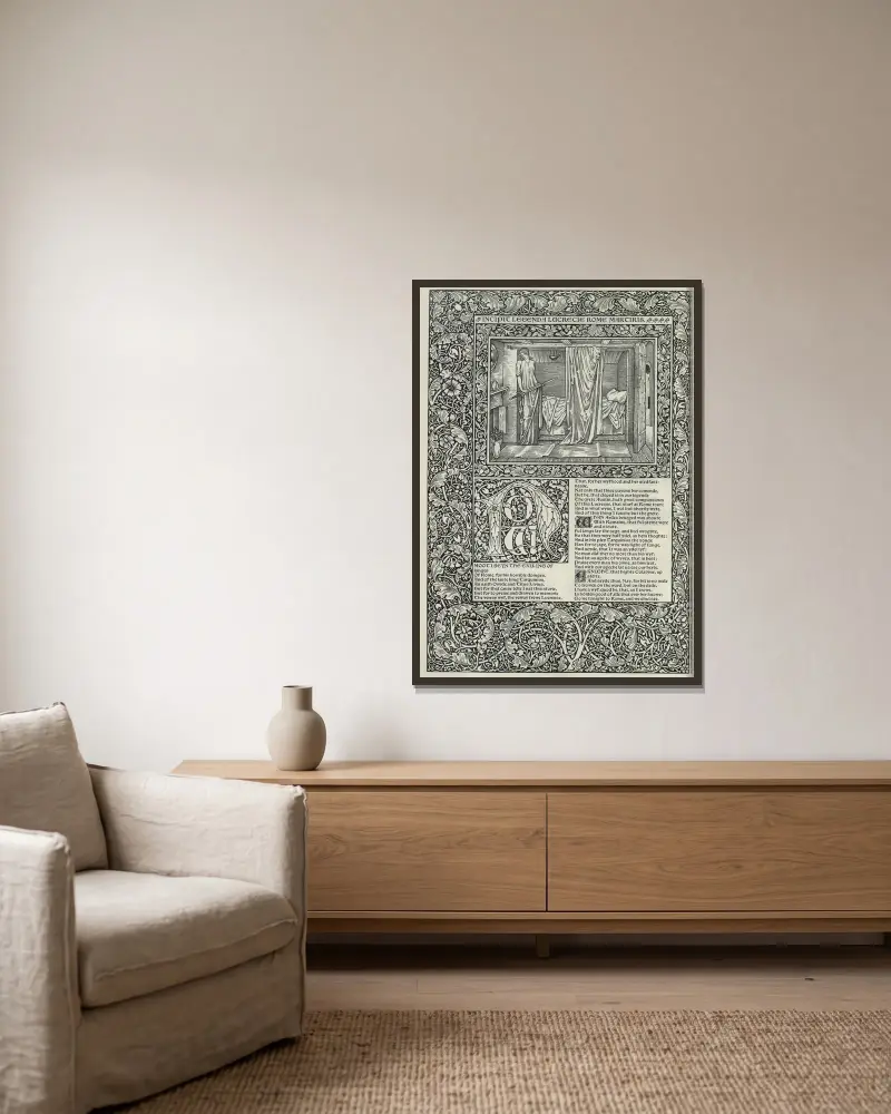 Geoffrey Chaucers verk, plansch 64 av Sir Edward Coley Burne-Jones inramad på en vägg