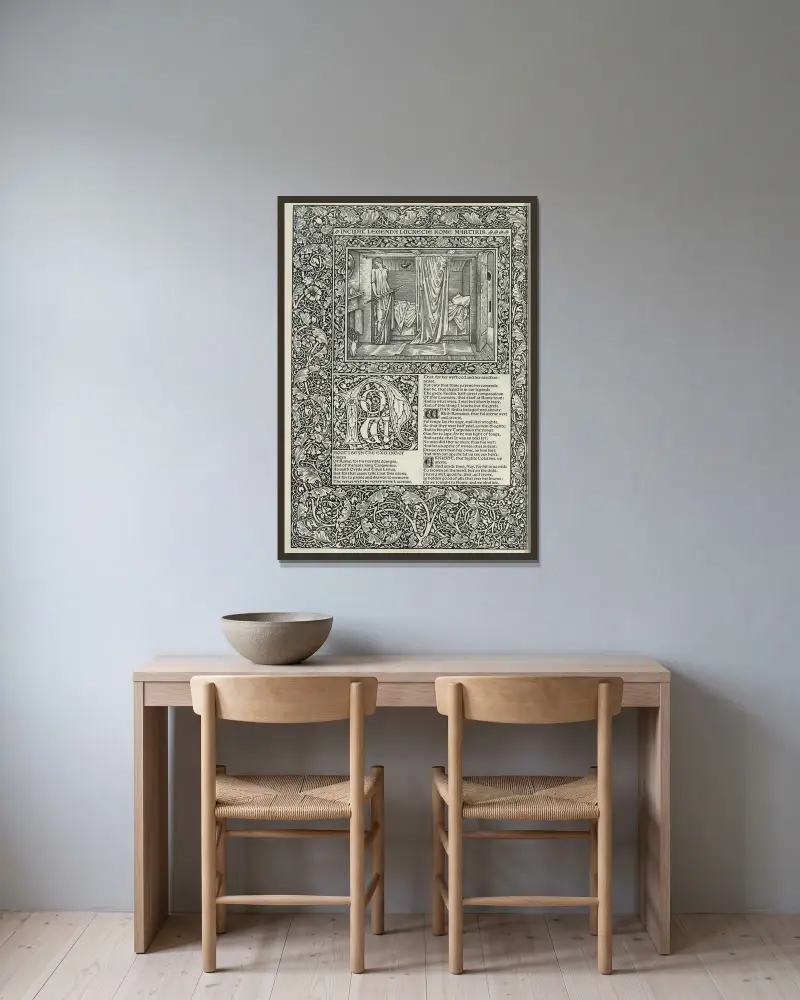 Geoffrey Chaucers verk, plansch 64 av Sir Edward Coley Burne-Jones inramad på en vägg
