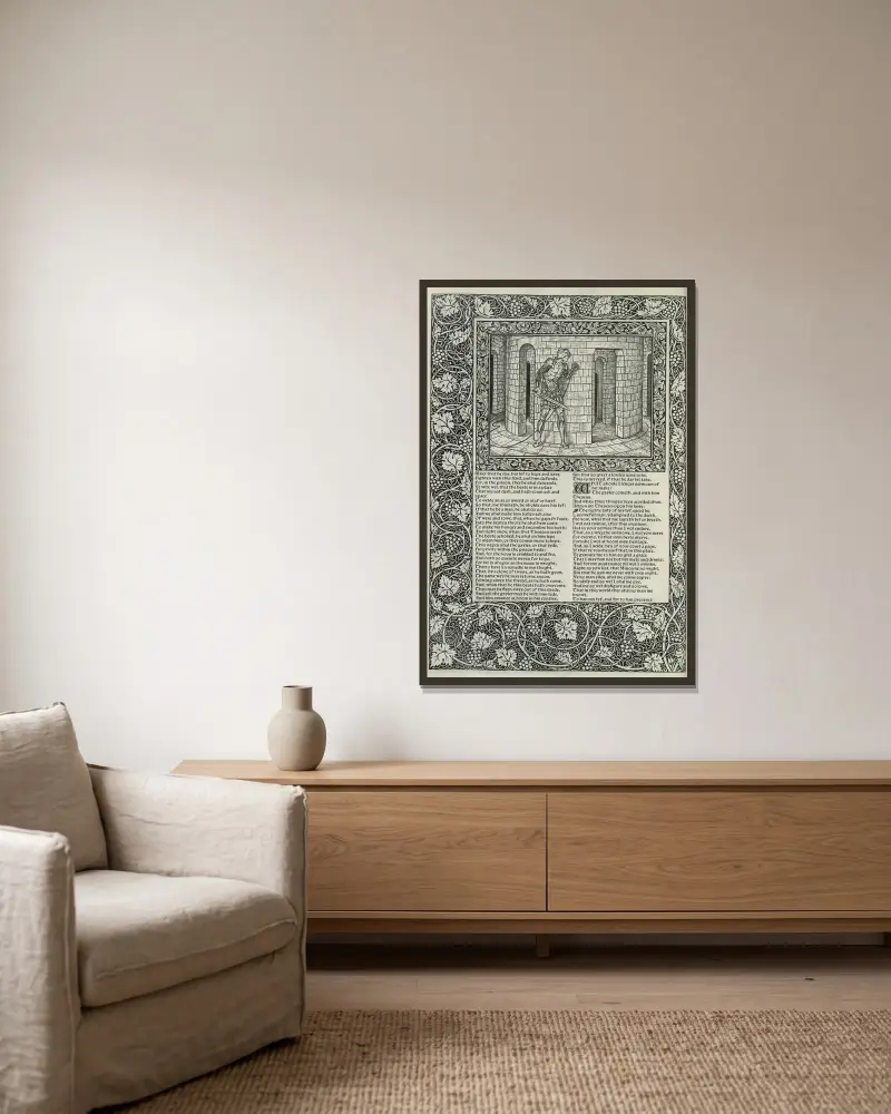 Die Werke von Geoffrey Chaucer, Tafel 66 von Sir Edward Coley Burne-Jones gerahmt an einer Wand
