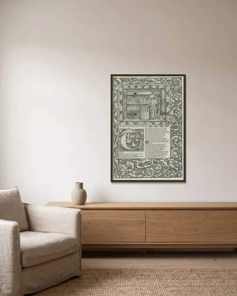 Die Werke von Geoffrey Chaucer, Tafel 68 von Sir Edward Coley Burne-Jones gerahmt an einer Wand