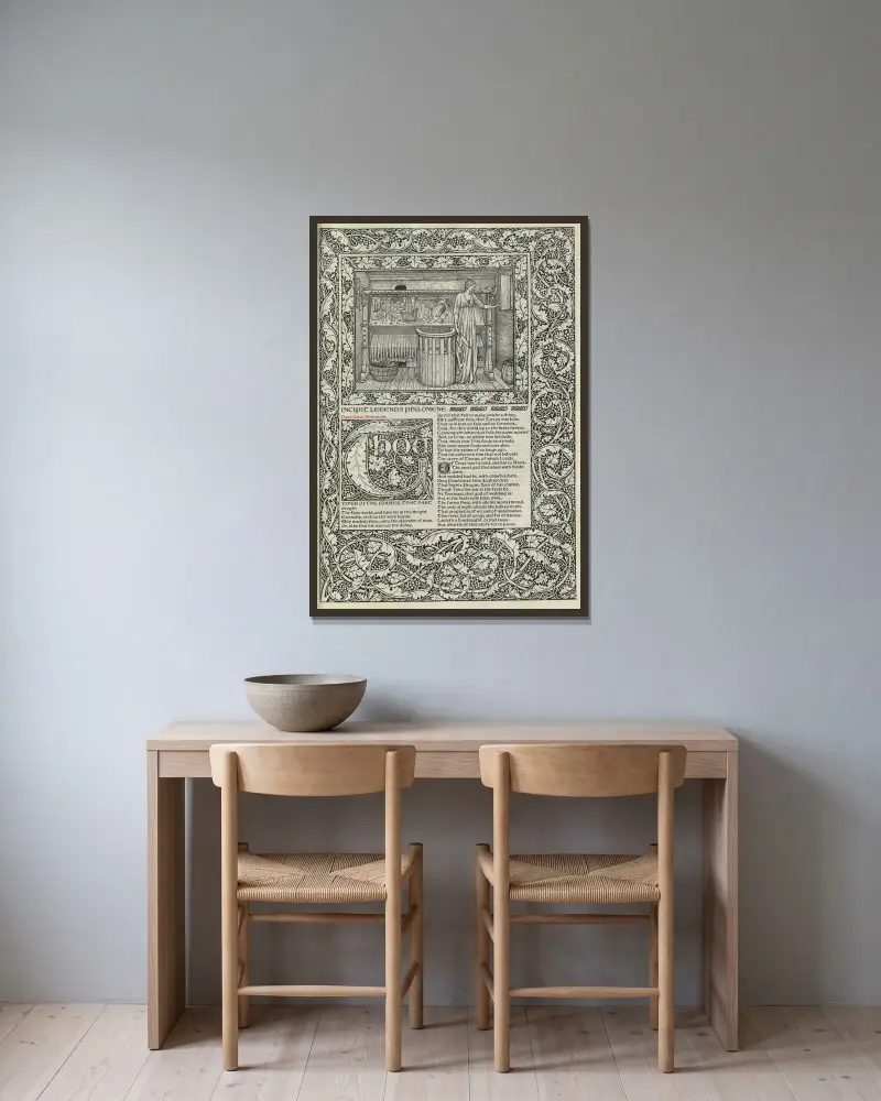 Die Werke von Geoffrey Chaucer, Tafel 68 von Sir Edward Coley Burne-Jones gerahmt an einer Wand