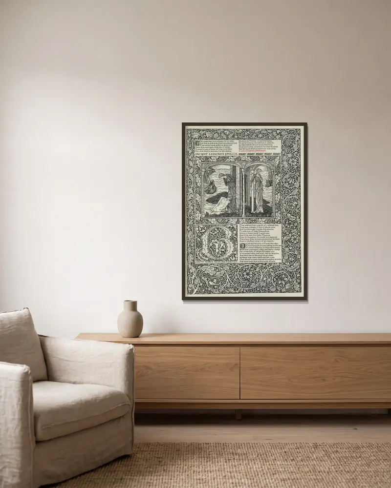 Geoffrey Chaucers verk, plansch 69 av Sir Edward Coley Burne-Jones inramad på en vägg
