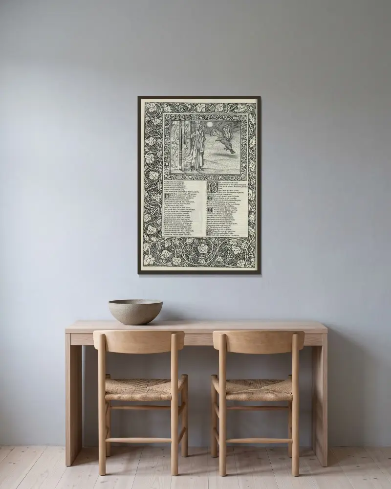 Geoffrey Chaucers verk, plansch 72 av Sir Edward Coley Burne-Jones inramad på en vägg