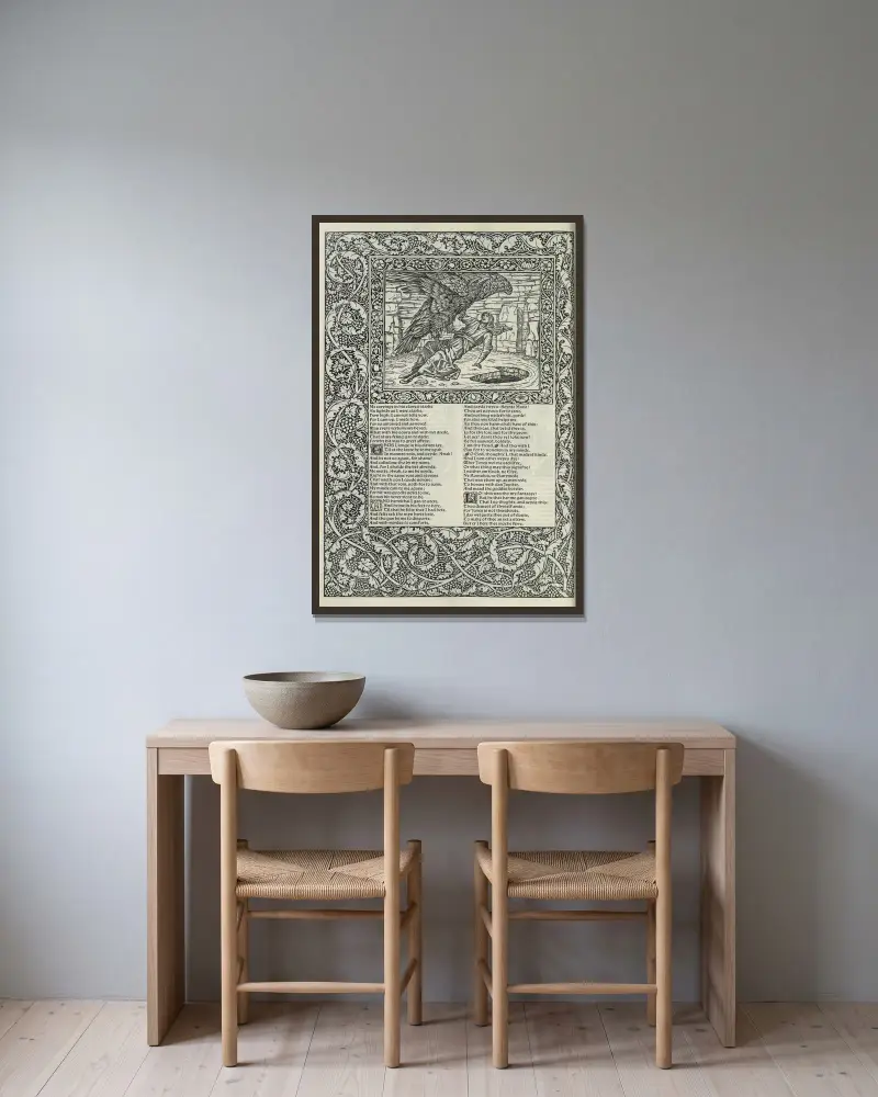 Geoffrey Chaucers verk, plansch 73 av Sir Edward Coley Burne-Jones inramad på en vägg