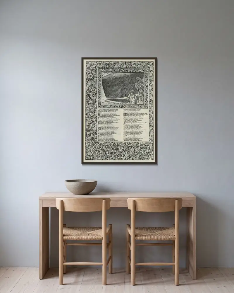 Geoffrey Chaucers verk, plansch 76 av Sir Edward Coley Burne-Jones inramad på en vägg