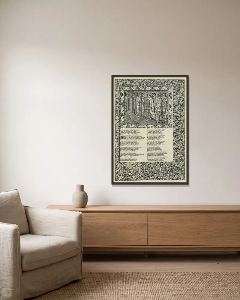 Geoffrey Chaucers verk, plansch 77 av Sir Edward Coley Burne-Jones inramad på en vägg